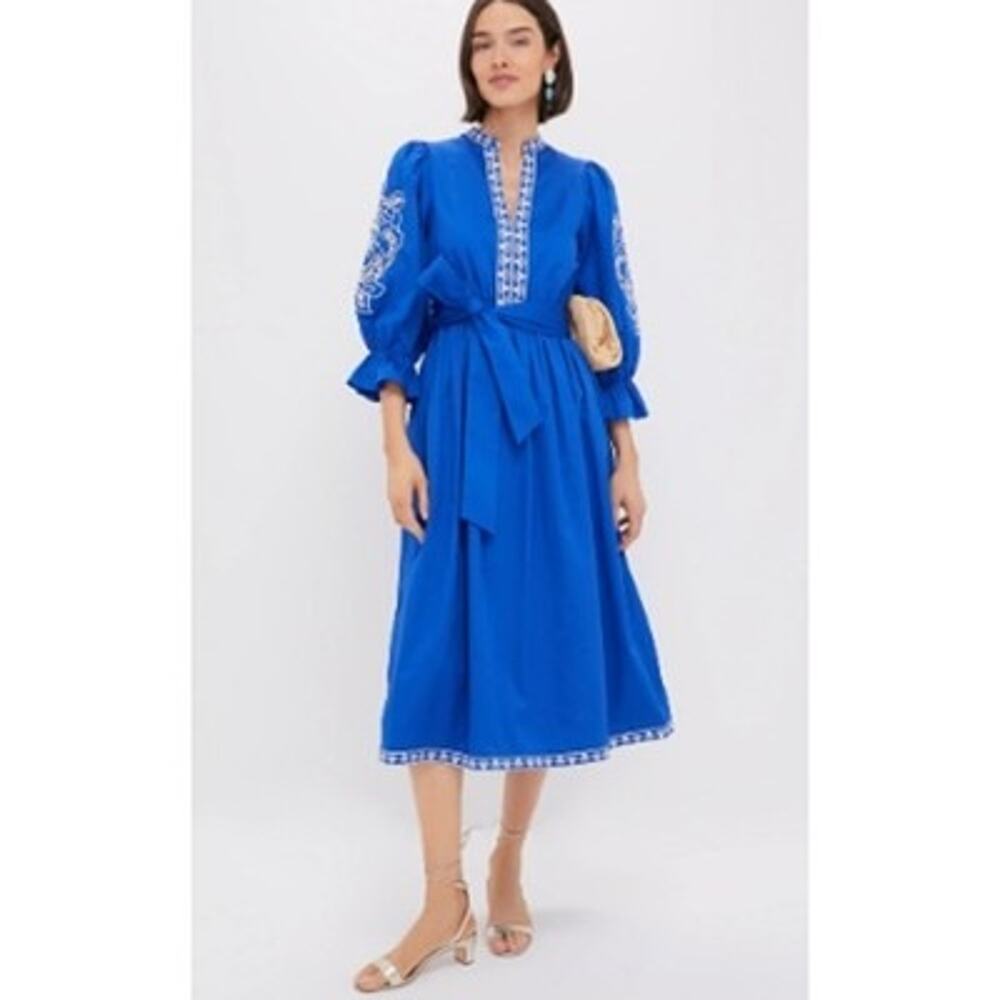 HYACINTH HOUSE Royal Blue with Baby Blue Embroidery Dowling Midi Dress Sz M NWT